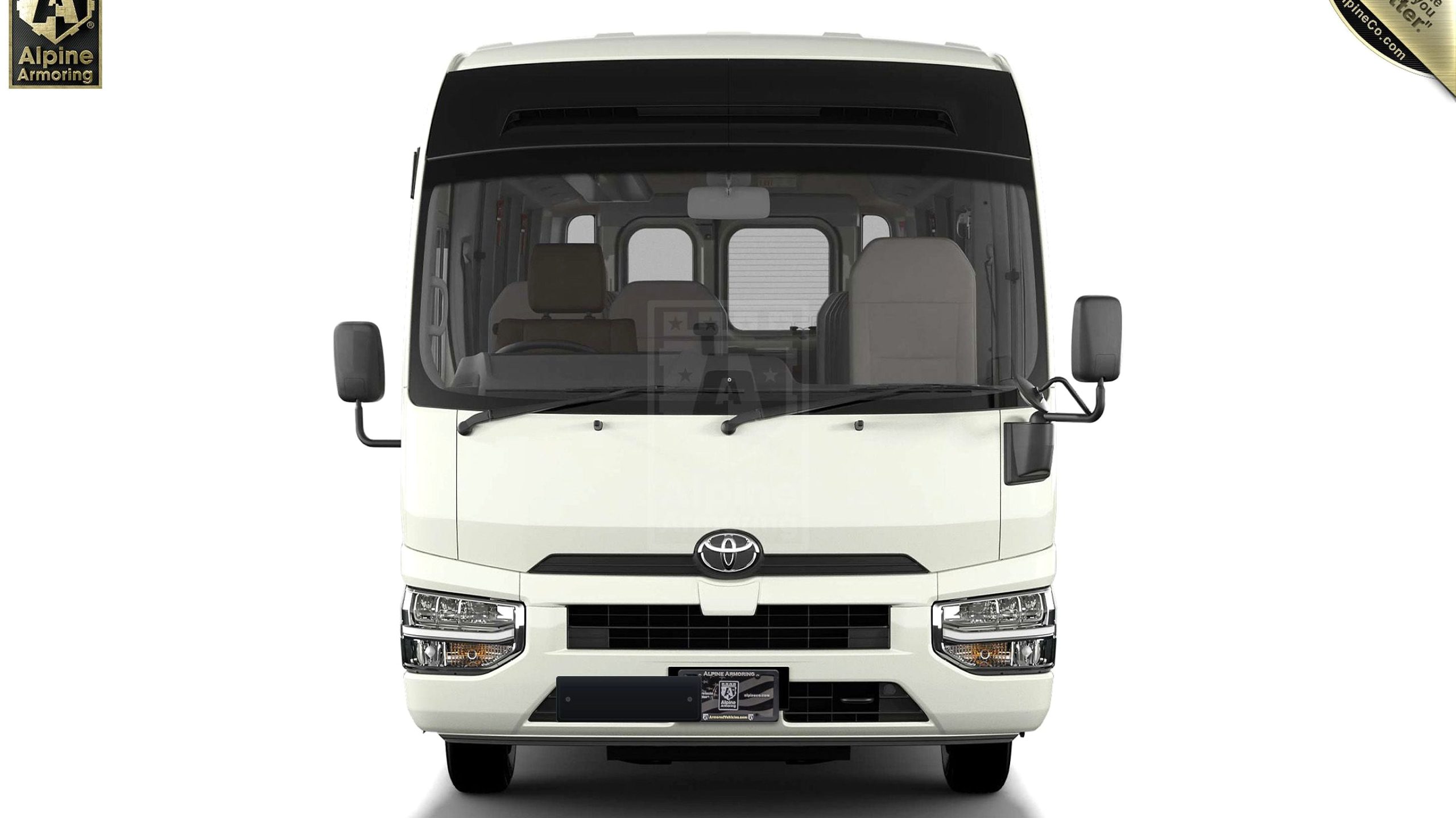 Armoured Toyota Coaster tactical bus front three-quarter studio photography on white infinity cyclorama