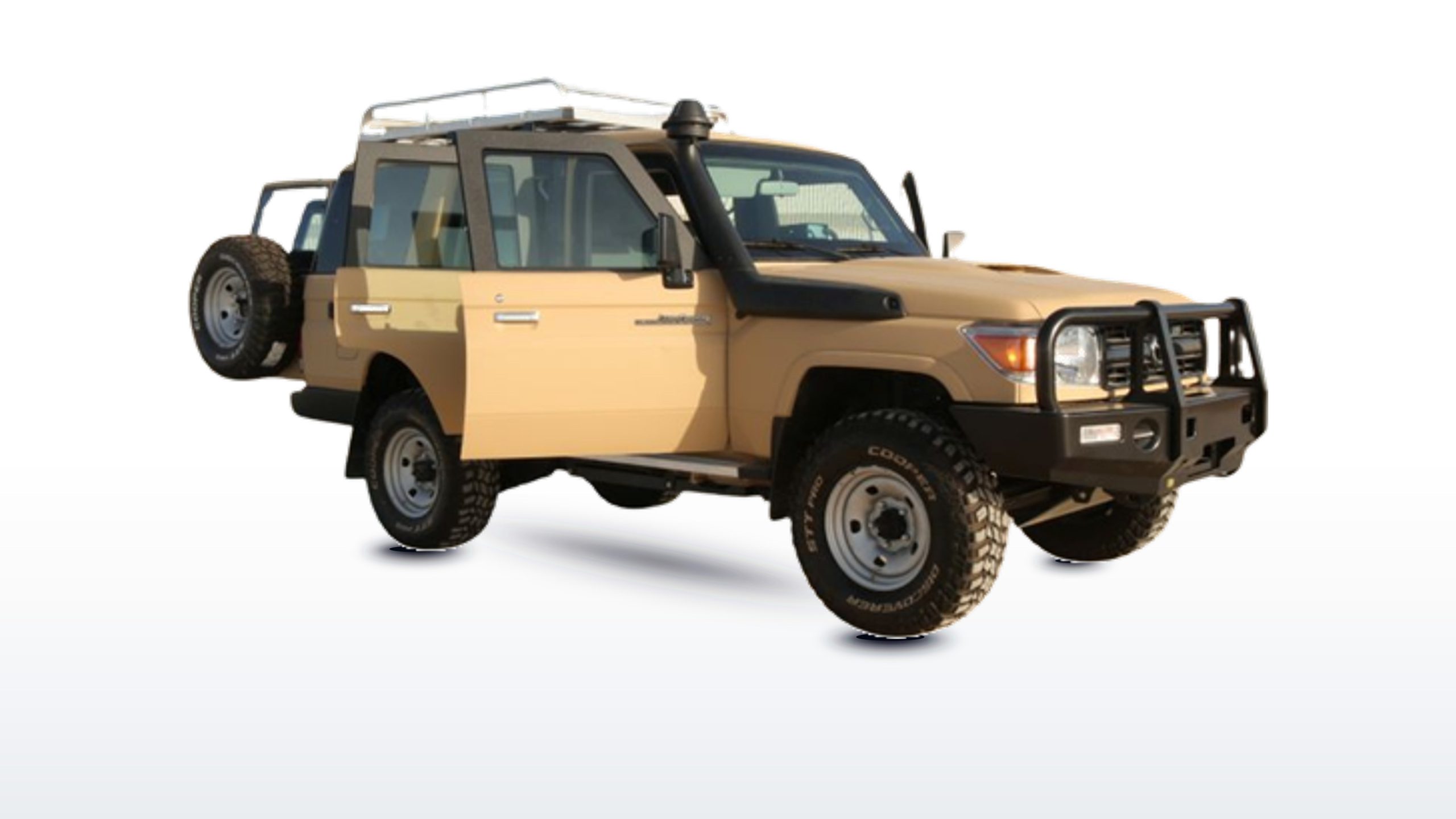 Armoured Toyota Land Cruiser 70 Series tactical troop carrier wagon with open ballistic door overlap front three-quarter studio photography on white infinity cyclorama